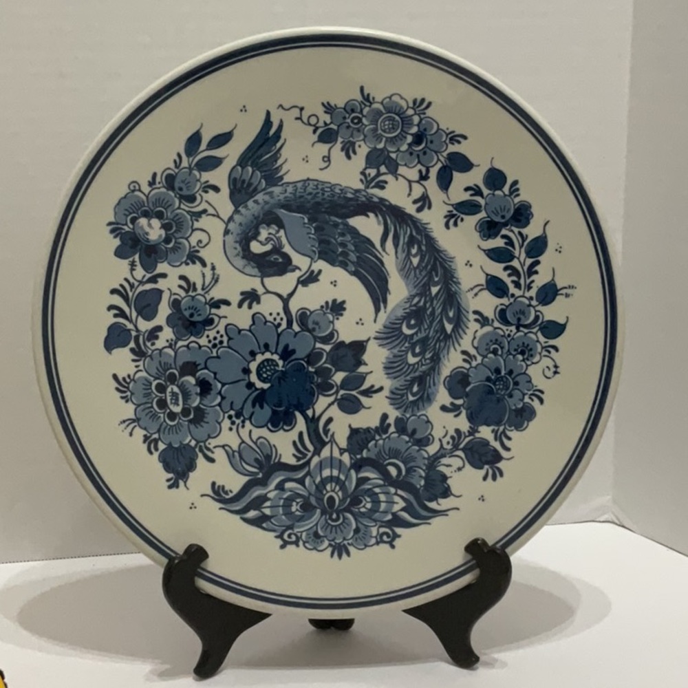 Stunning Antique Delft Plate Peacock & Flowers 11.75” Diameter